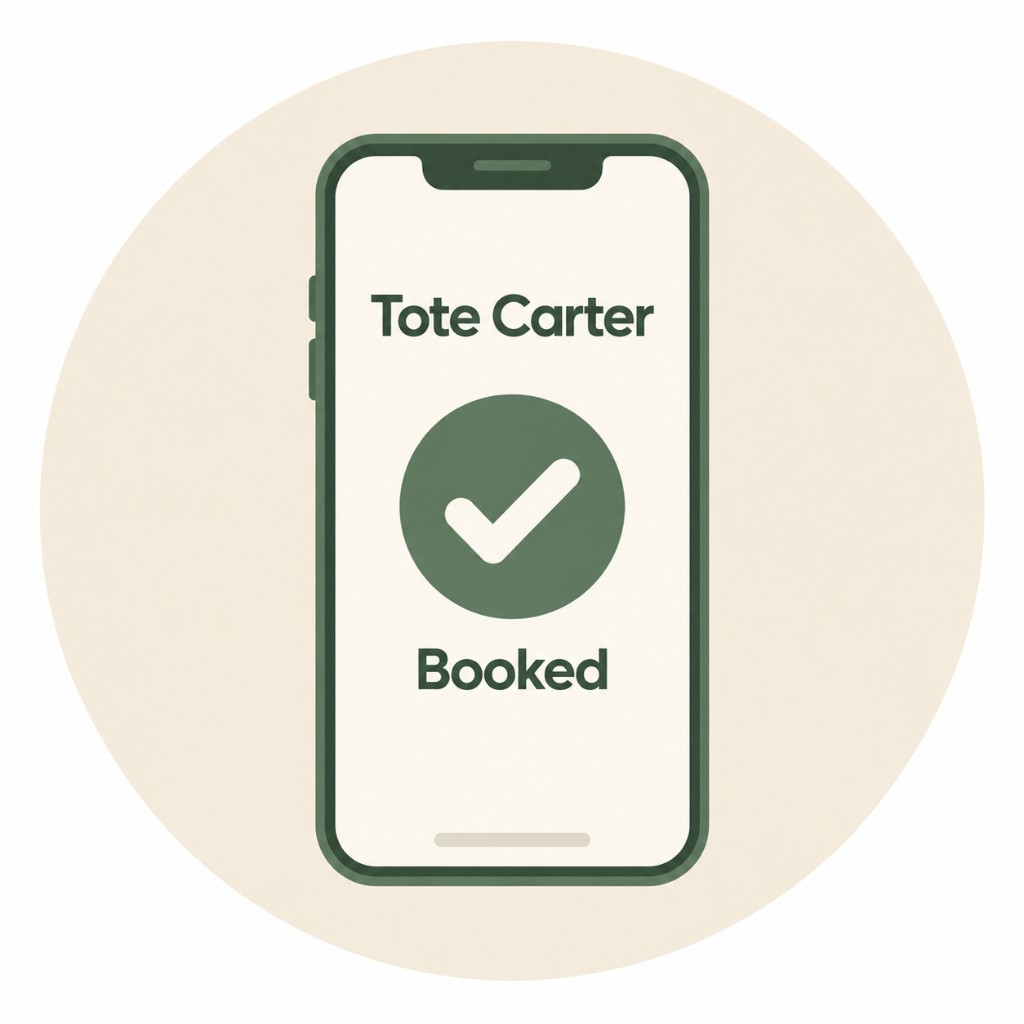 A phone showing a Tote Carter booking confirmation