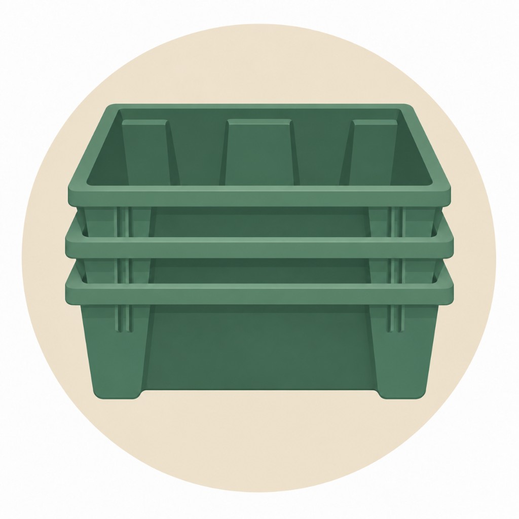 A stack of green storage totes